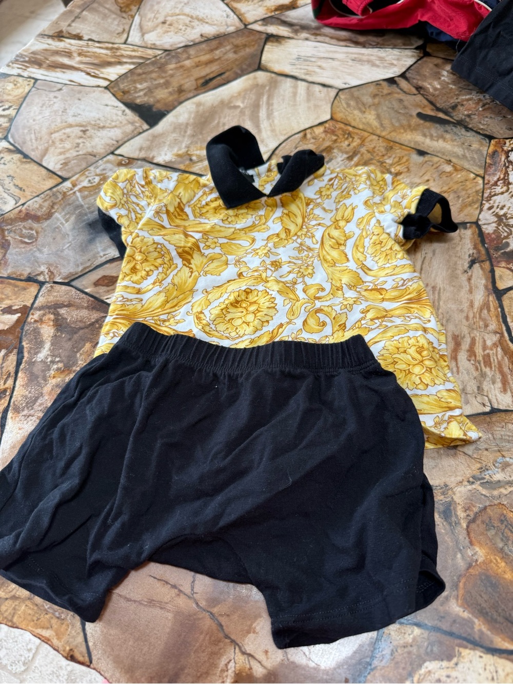 Versace Black Elastic-Waist Shorts with Yellow Baroque Print Top